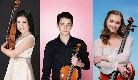 3 portrait photos of young people holding their instrument